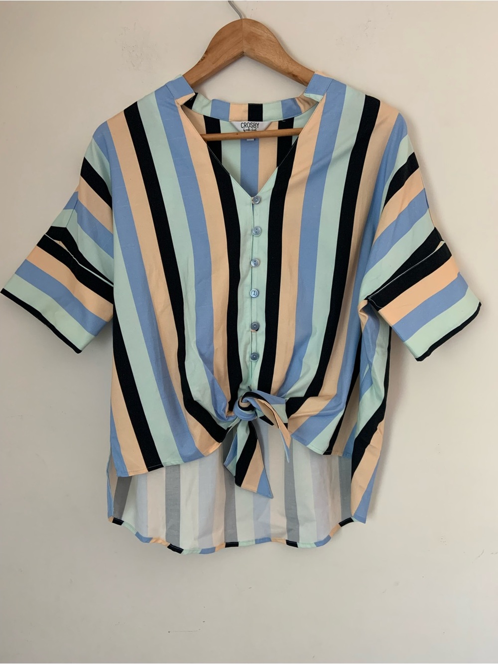 Crosby Tencel Cotton Striped Button-Front Tie Hem Top Blouse Resort Vacation S